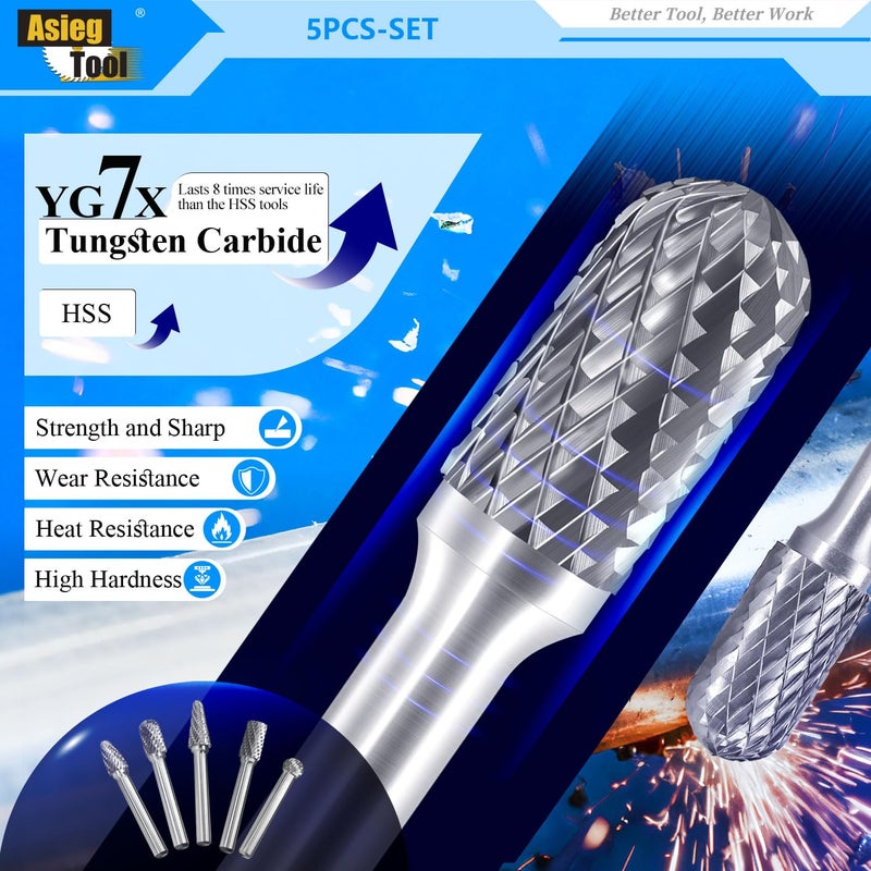 Asieg Tool Carbide Burrs Set 5pcs with 1/4''Shank Double Cut Solid Power Tools Tungsten Carbide Rotary Files Bits for Die Grinder Metal Wood Carving Engraving Polishing Drilling Grinding Milling Cutting - Image 3
